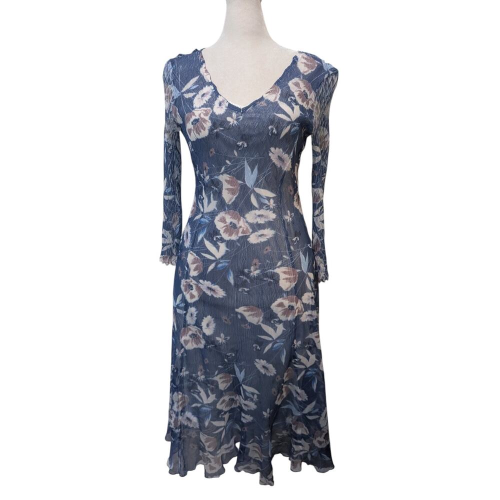 Komarov Charmeuse & Chiffon Midi Dress 3/4 Sleeve Blue Floral Petite Small